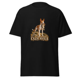 Camiseta negra de caza con diseño de podenco, conejo y CAZA ÁVILA